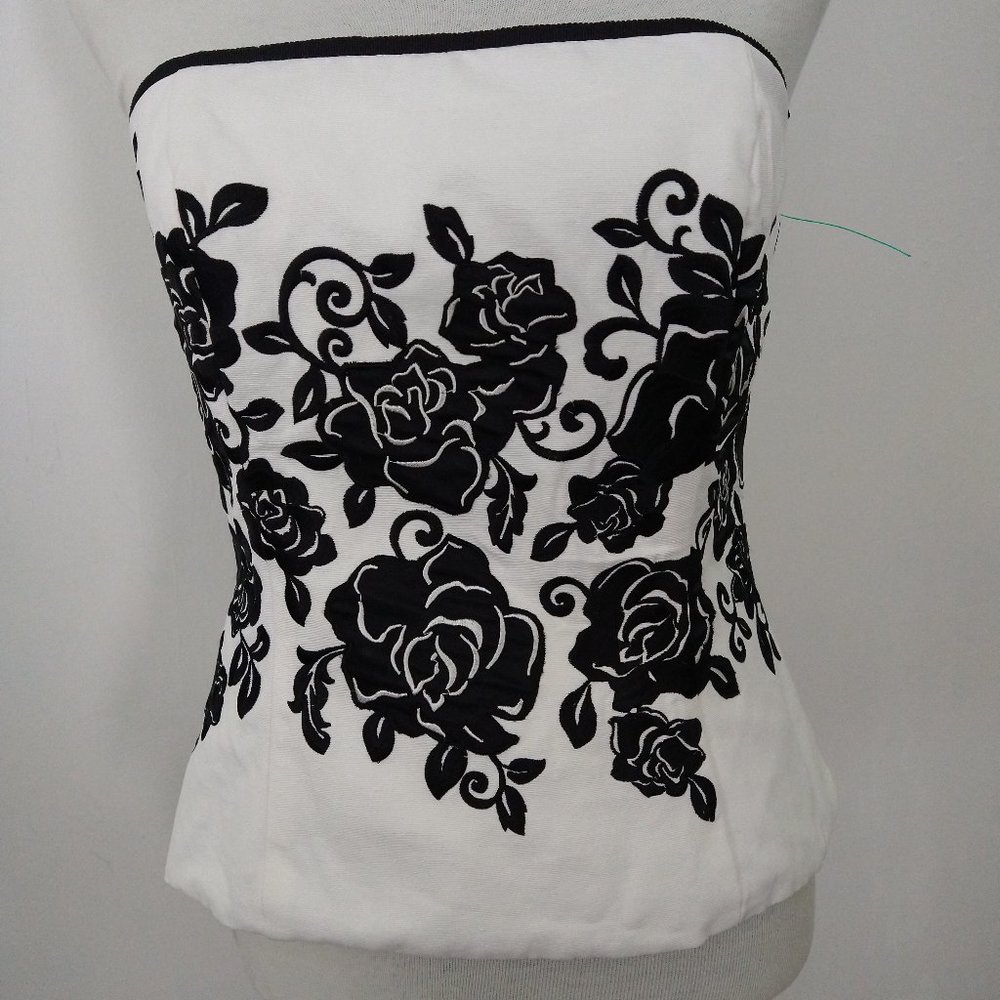 White House Black Market White Strapless Top with Black Floral Applique